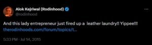Rodinhoods tweet featuring The Leather Laundry startup story and recognition for India’s premium leather care and restoration brand