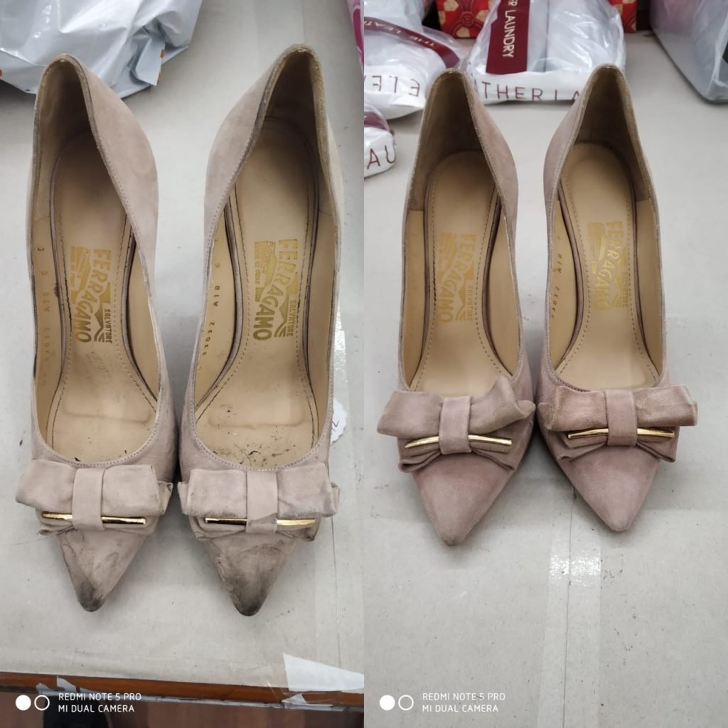 Before and after comparison of luxury suede heels showing professional shoe cleaning, stain removal, colour restoration, and premium footwear refurbishment.