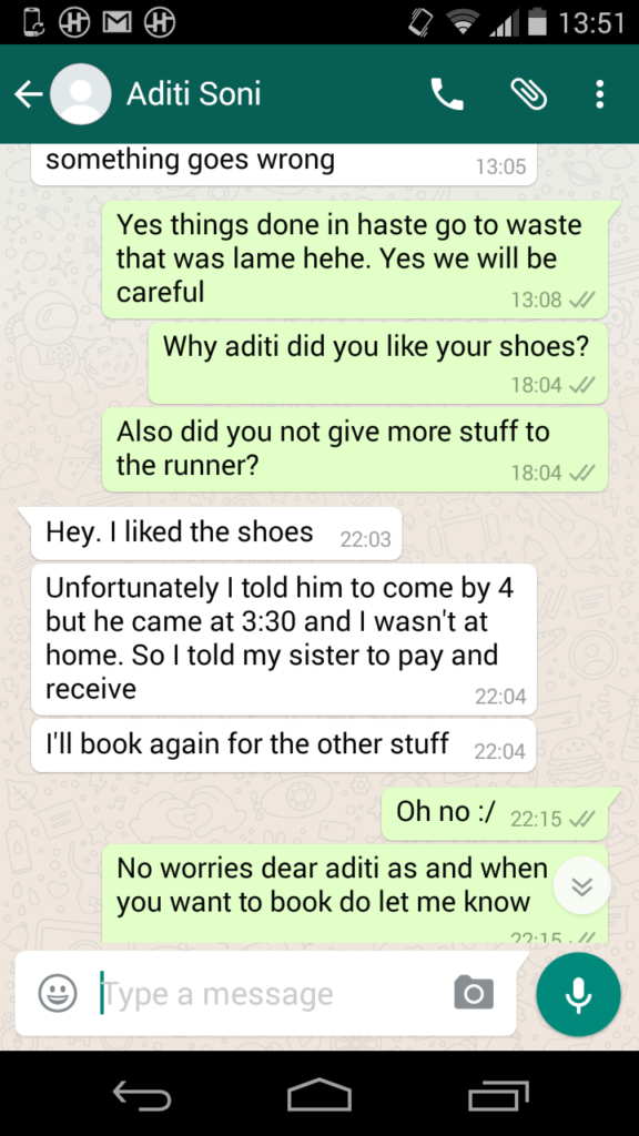 Customer conversation highlighting positive feedback about repaired shoes and leather restoration services.