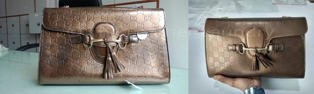 Luxury handbag panel replacement process repairing damaged leather sections and restoring structure.