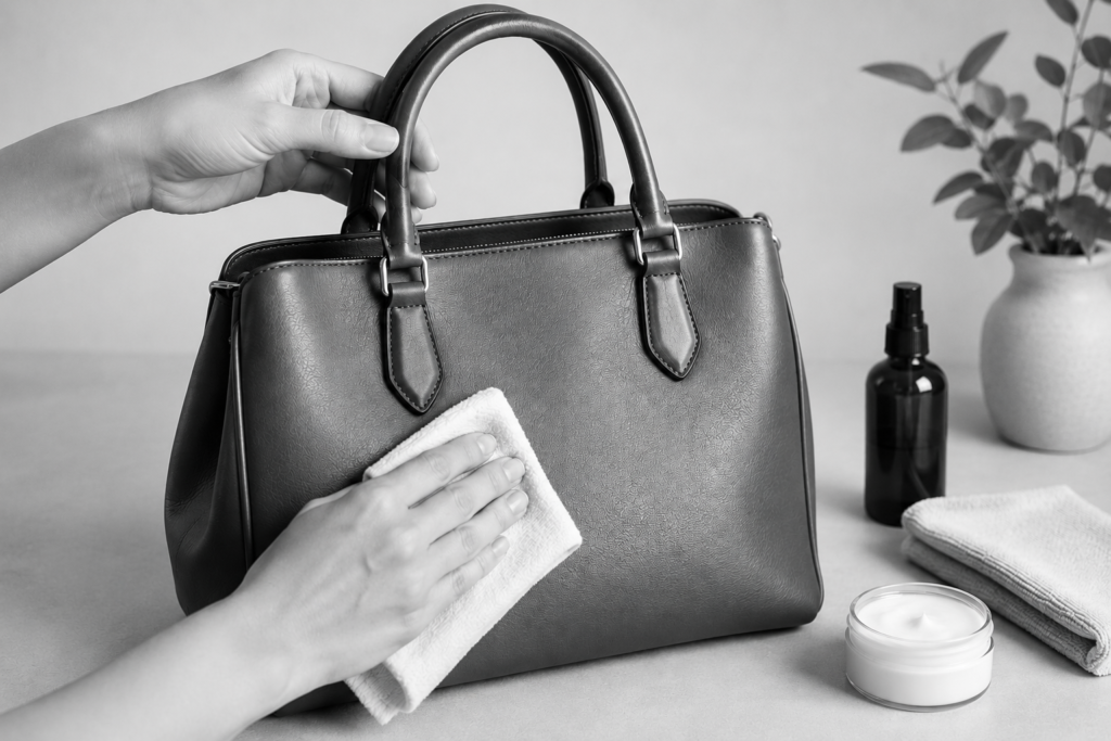 a person gently cleaning a leather handbag with a microfiber cloth, demonstrating safe at-home leather bag care.