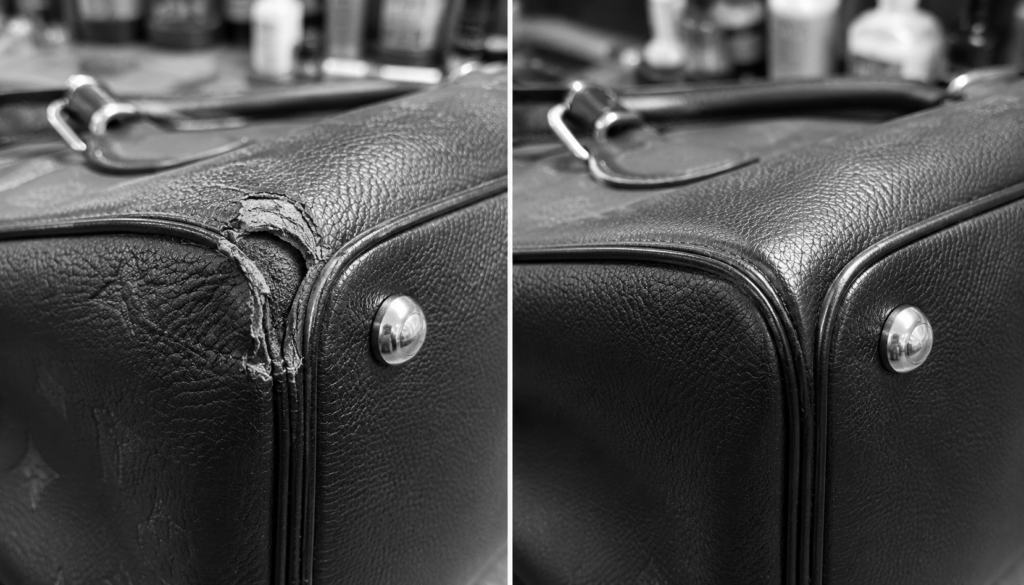 Before and after leather repair patch restoration showing a damaged leather bag corner professionally repaired with seamless color matching, refinishing, and structural restoration.