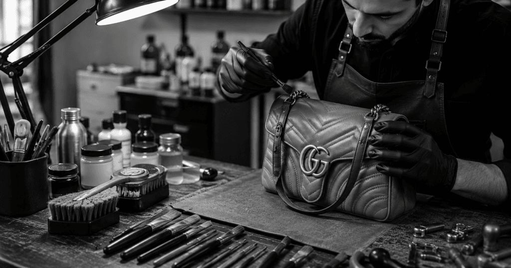 Professional leather restoration expert carefully cleaning a luxury leather handbag in a premium workshop using specialized leather care tools and techniques.