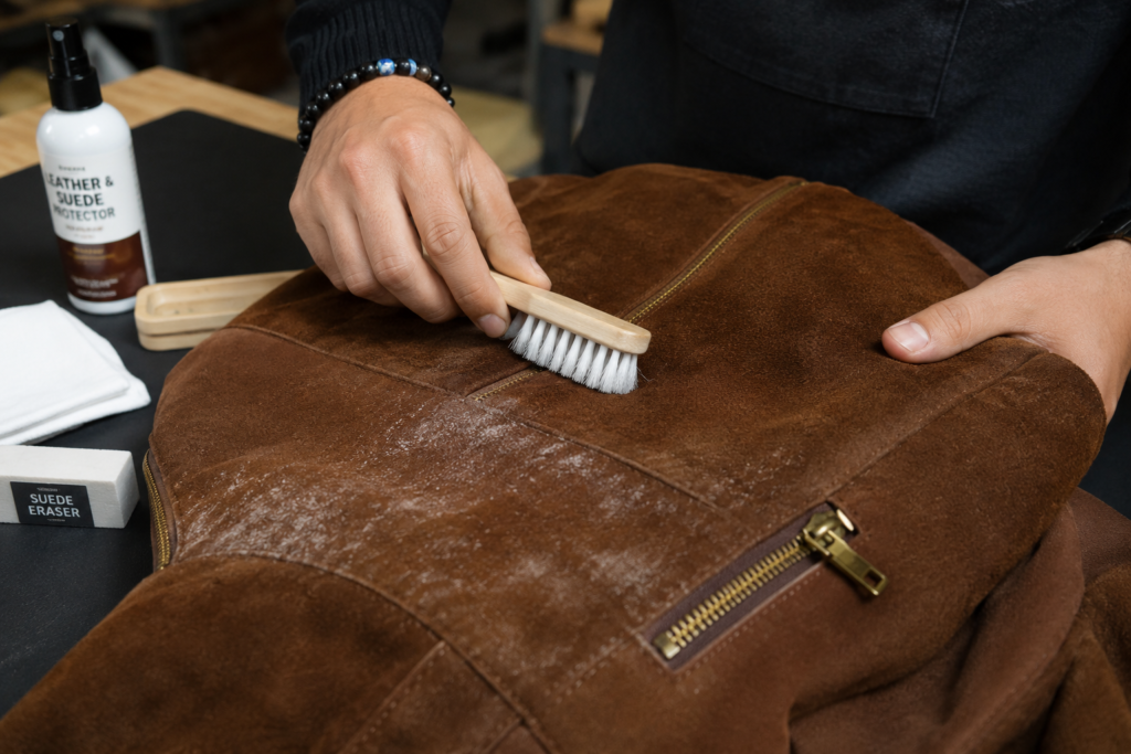 Luxury leather handbag being professionally cleaned to remove mold and mildew.