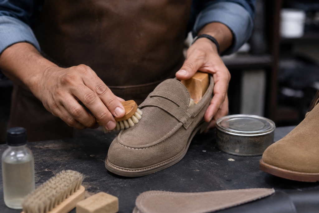 A professional cleaning suede leather shoes with a brush at a workshop workbench.